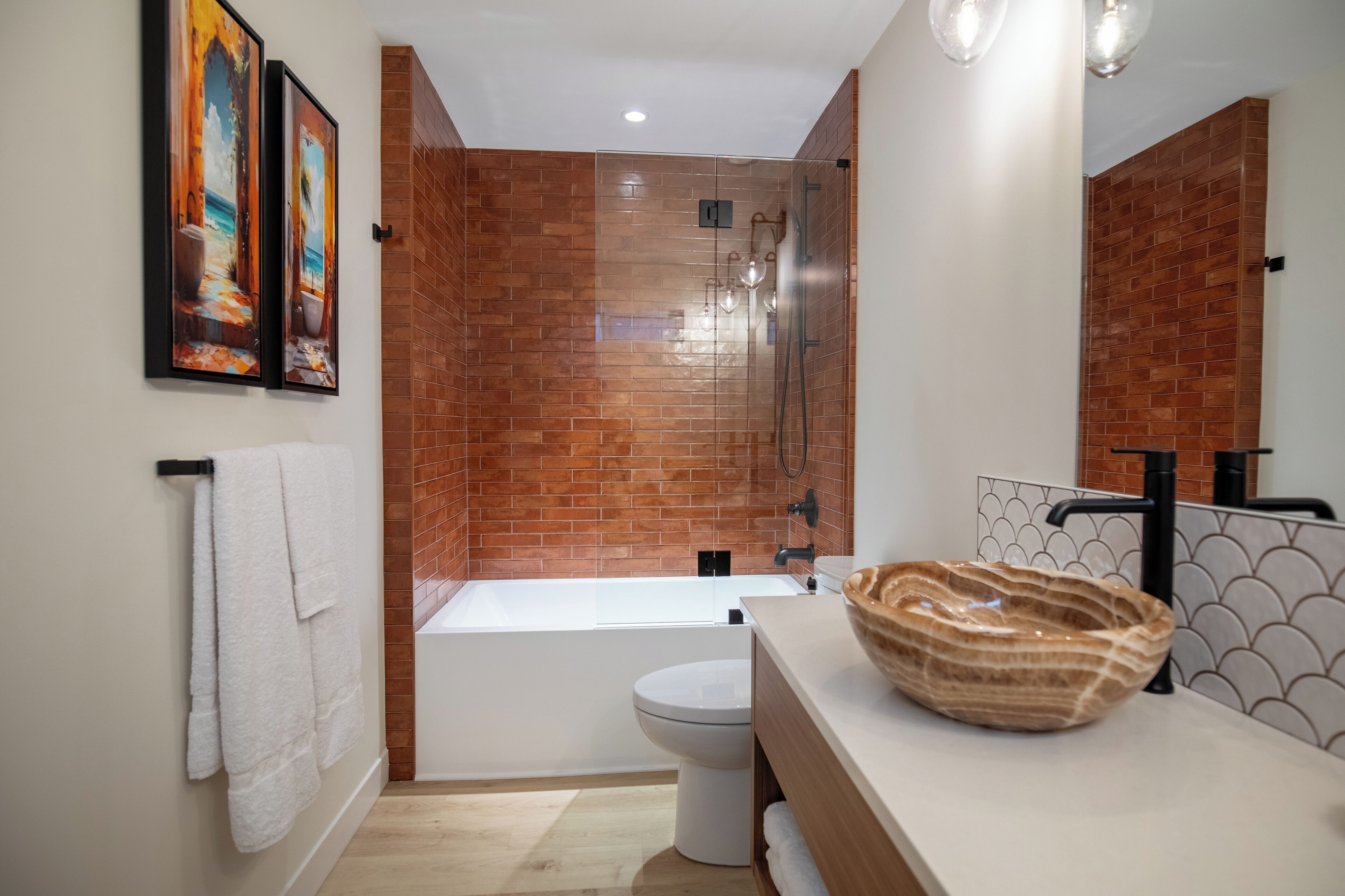 Hair dryer, towels, soap, shampoo