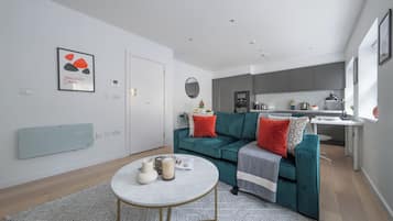 Apartamento urbano, 1 cama de casal e sofá-cama, para não fumantes, vista para a cidade | Área de estar | Smart TV 40 polegadas com canais via satélite