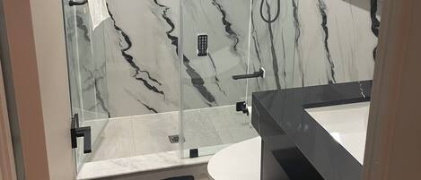 A modern bathroom with a glass-enclosed shower, a toilet, and a sink.