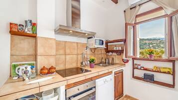 Een koelkast, een magnetron, een oven, een kookplaat