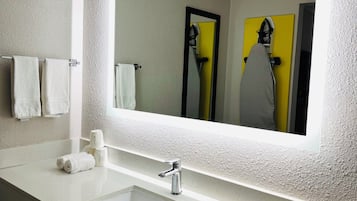 Hair dryer, towels, soap, toilet paper