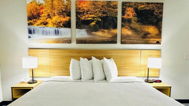 Ein Hotelzimmer mit einem Bett, zwei Nachttischen und drei an der Wand befestigten Bildern von Herbstlandschaften.