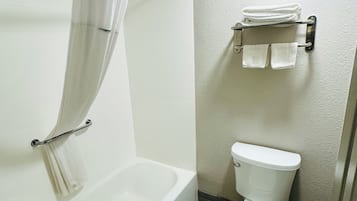 Hair dryer, towels, soap, toilet paper