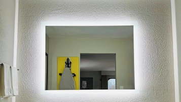 Hair dryer, towels, soap, toilet paper