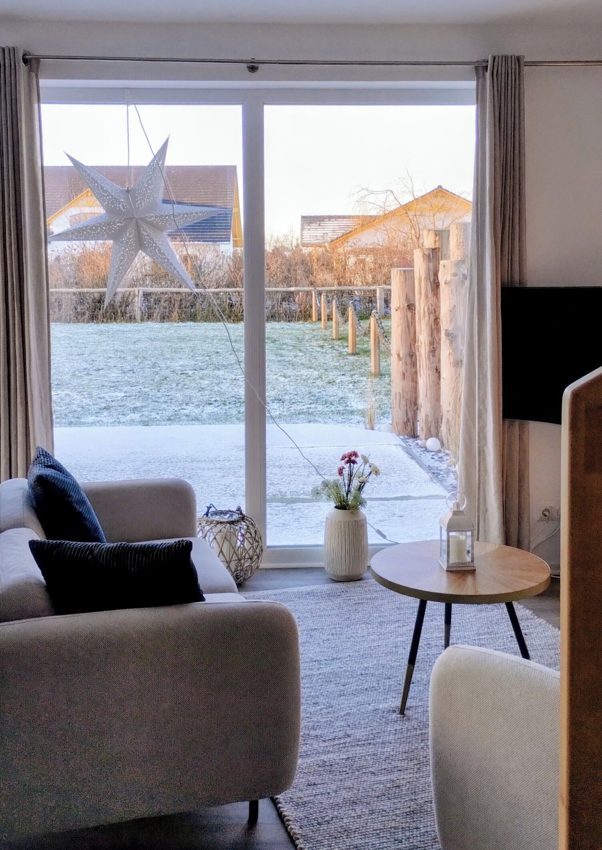 Televisión, chimenea y libros 