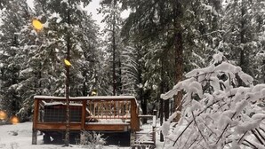 A wooden cabin with a deck, surrounded by snow-covered trees.