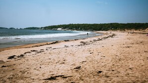 A beach with a sandy shore, a few people, and a forested area in the background.