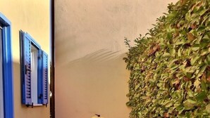 Un petit espace extérieur aménagé pour prendre les repas, avec une table et quatre chaises, un fruit jaune posé sur la table et un mur recouvert de verdure.