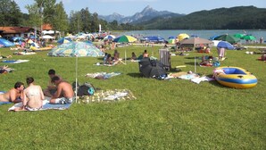 A grassy area with people sunbathing, umbrellas, and a lake with mountains in the background.