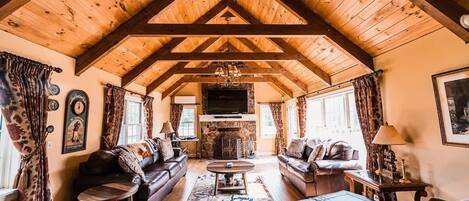 Televisio, takka, työhuone