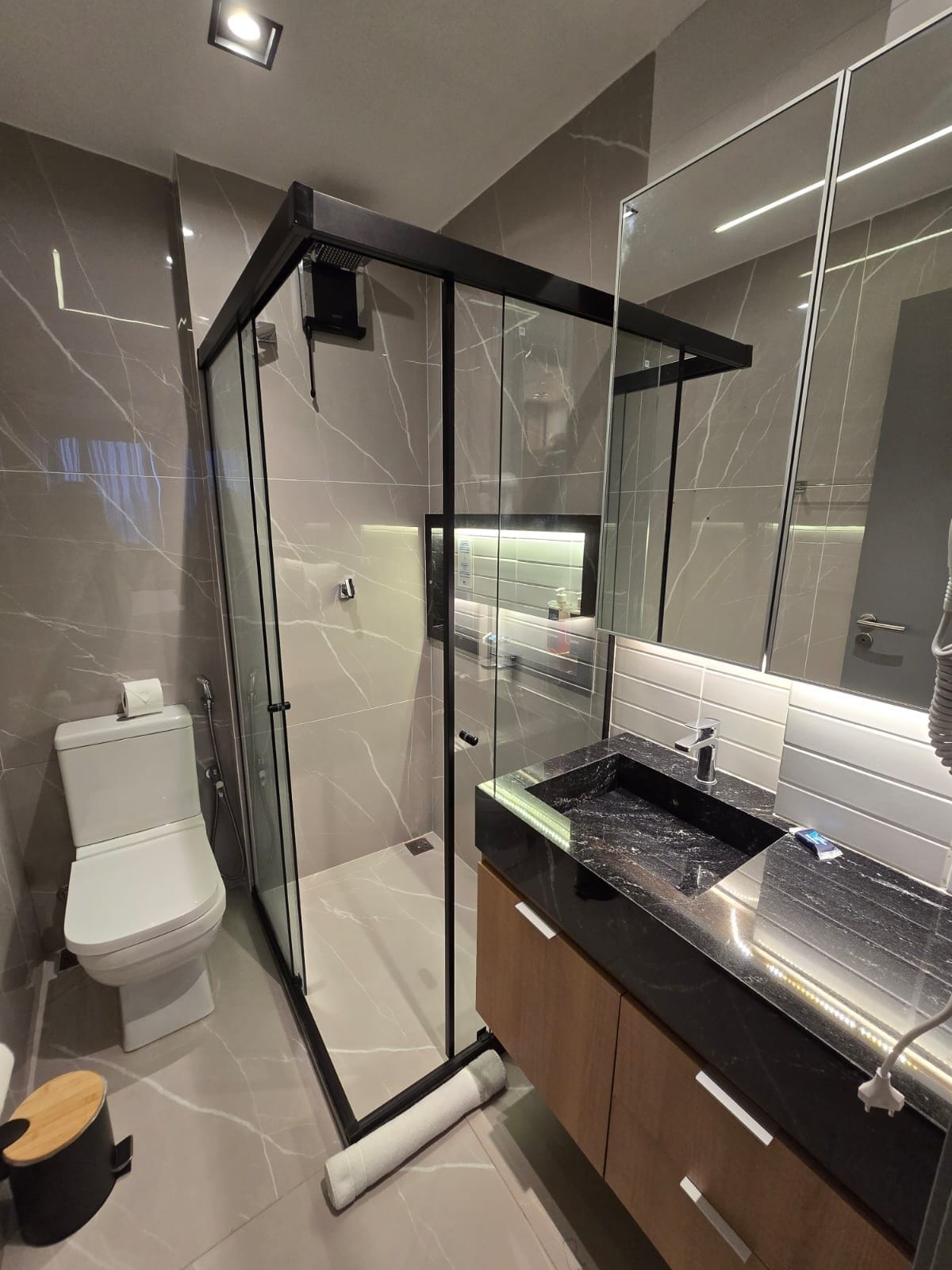 A modern bathroom with a glass-enclosed shower, a white toilet, and a black sink with a mirror above it.