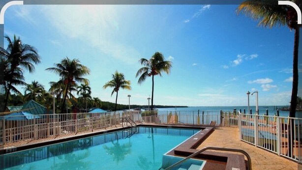 A swimming pool with a wooden deck, surrounded by palm trees and a clear view of the ocean. - Key Largo Waterfront 1 bedroom condo. (Key Largo)