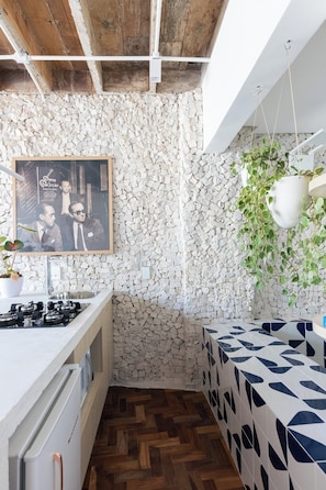 A kitchen with a stone wall, a gas stove, a sink, and a hanging plant. - 1609B (São Paulo)