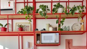 Uma cozinha com geladeira vermelha, micro-ondas e pia. Há plantas em vasos nas prateleiras e uma mesa de jantar com um vaso de flores.