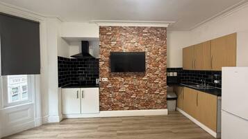 Fridge, microwave, stovetop, electric kettle