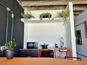 Une petite cuisine équipée d’un four à micro-ondes, d’une cuisinière et d’un évier. Des plantes en pot sont disposées sur une étagère au-dessus du plan de travail.