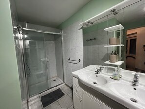 Shower, hair dryer, towels, toilet paper