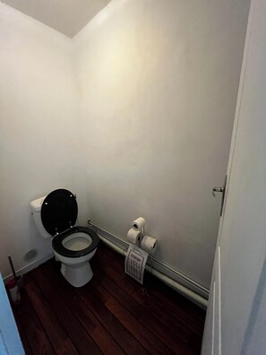 Shower, hair dryer, towels, toilet paper