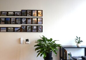 A wall with framed photographs, a telephone, a potted plant, and a bookshelf. - 1207B (São Paulo)