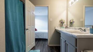 Hair dryer, towels, soap, toilet paper