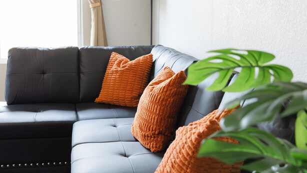 Un salon moderne avec un canapé en cuir foncé, des coussins orange et une plante verte.