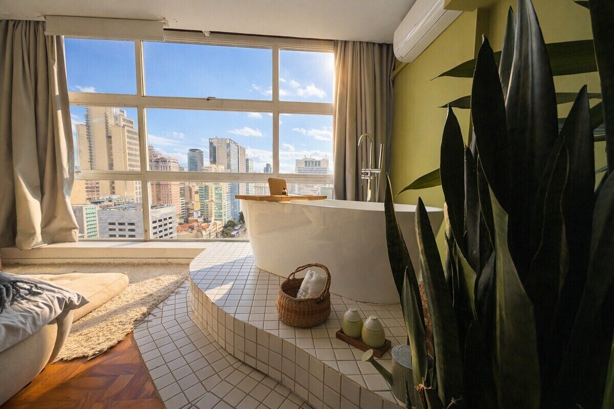 Een moderne badkamer met een groot bad, uitzicht op de stad en een grote plant.