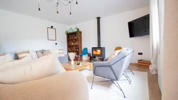 Una televisión, una chimenea