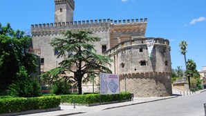 Un edificio de piedra histórico con una torre, un árbol en primer plano y un cielo azul despejado.