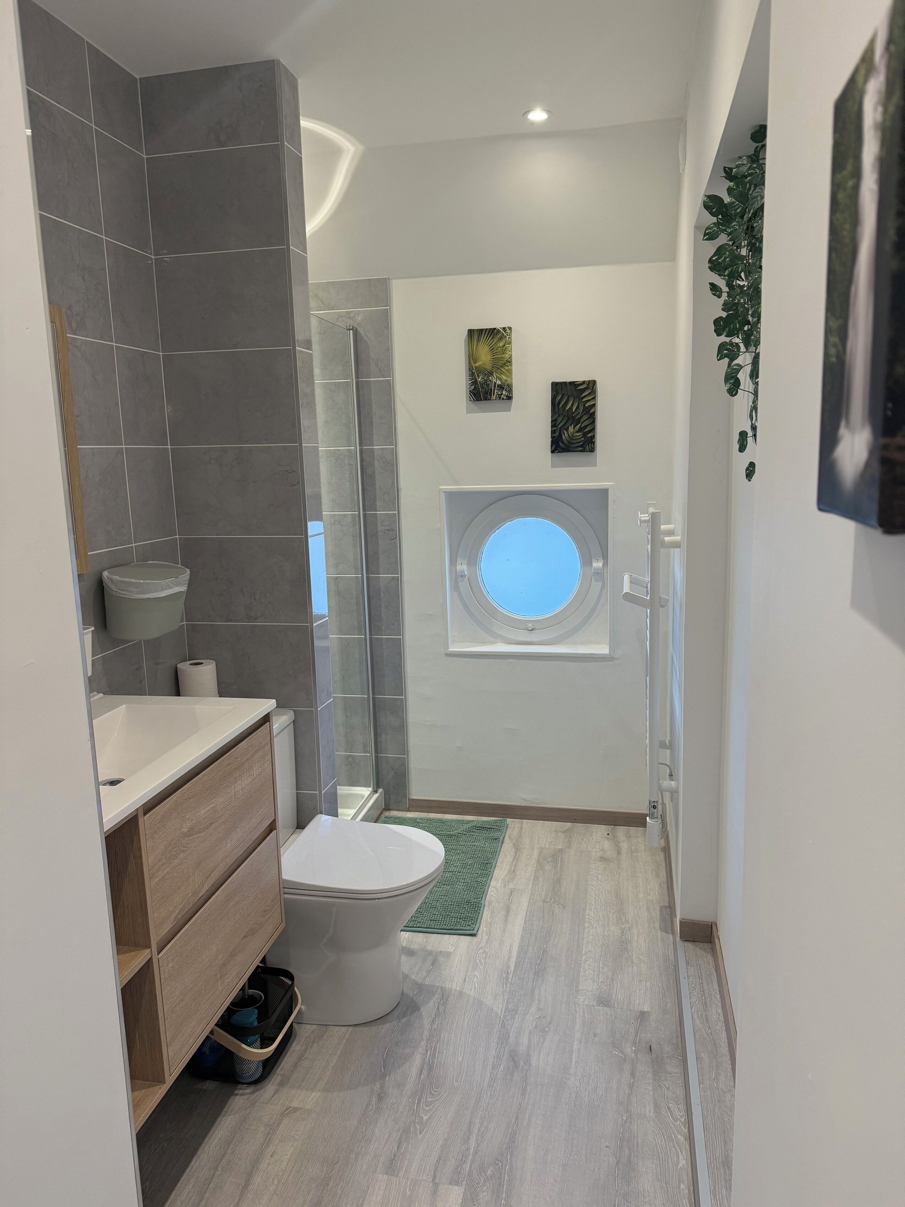 Douche, séchoir à cheveux, serviettes fournies, papier de toilette