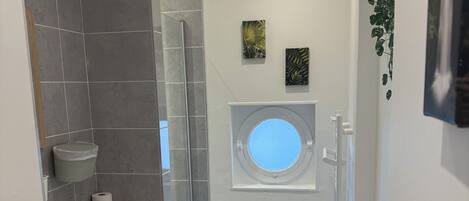 Douche, séchoir à cheveux, serviettes fournies, papier de toilette