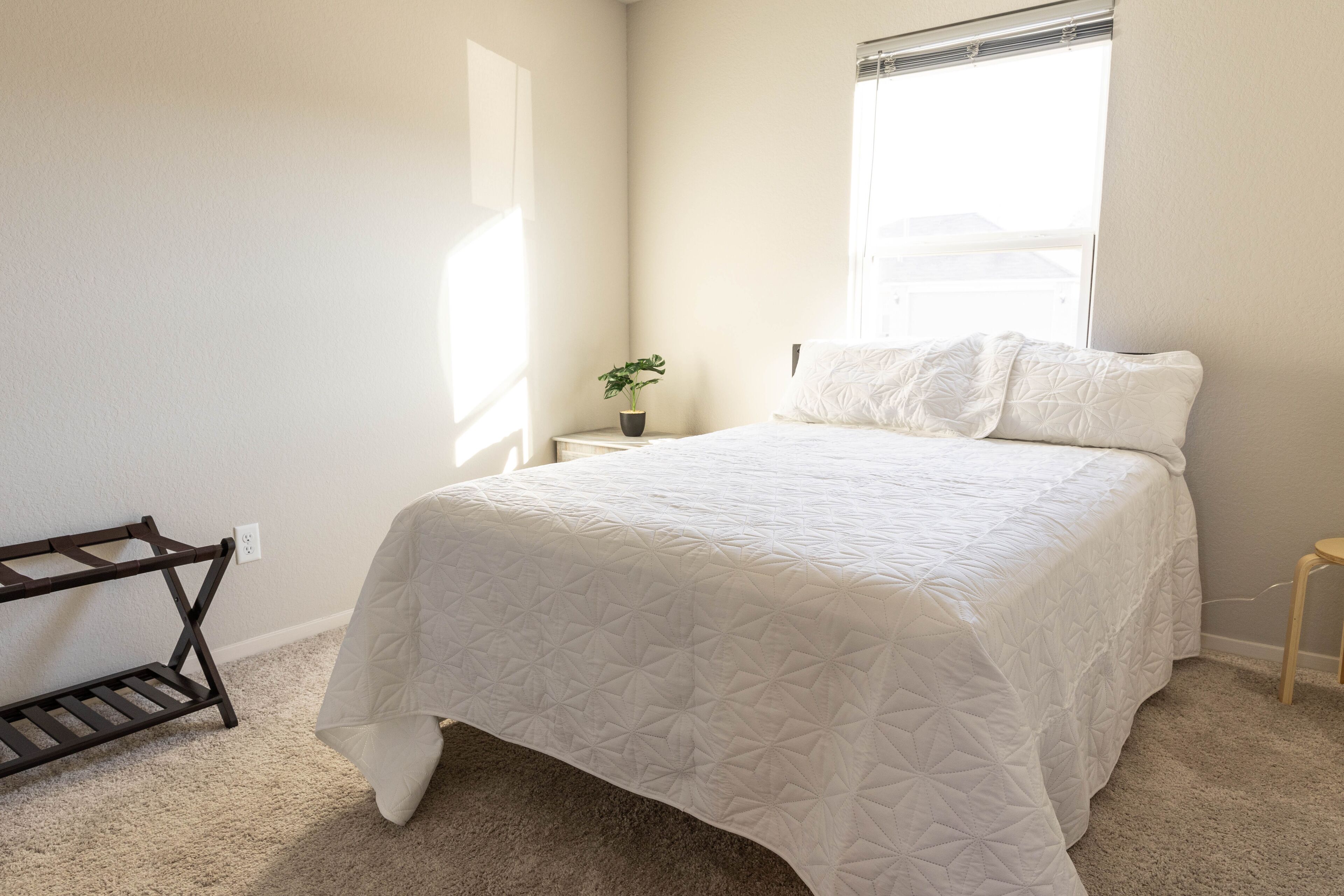 A bedroom with a bed, a nightstand, a potted plant, and a wooden shelf.