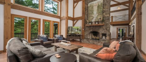 TV connectée, cheminée, livres