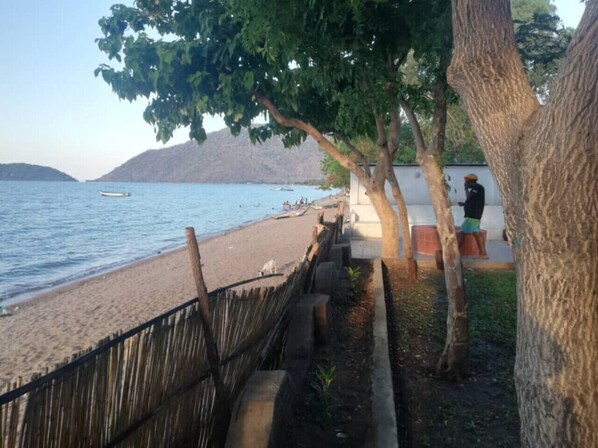A beach with a wooden fence, trees, and a person standing near a wall.
