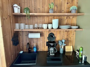 Fridge, microwave, stovetop, coffee/tea maker