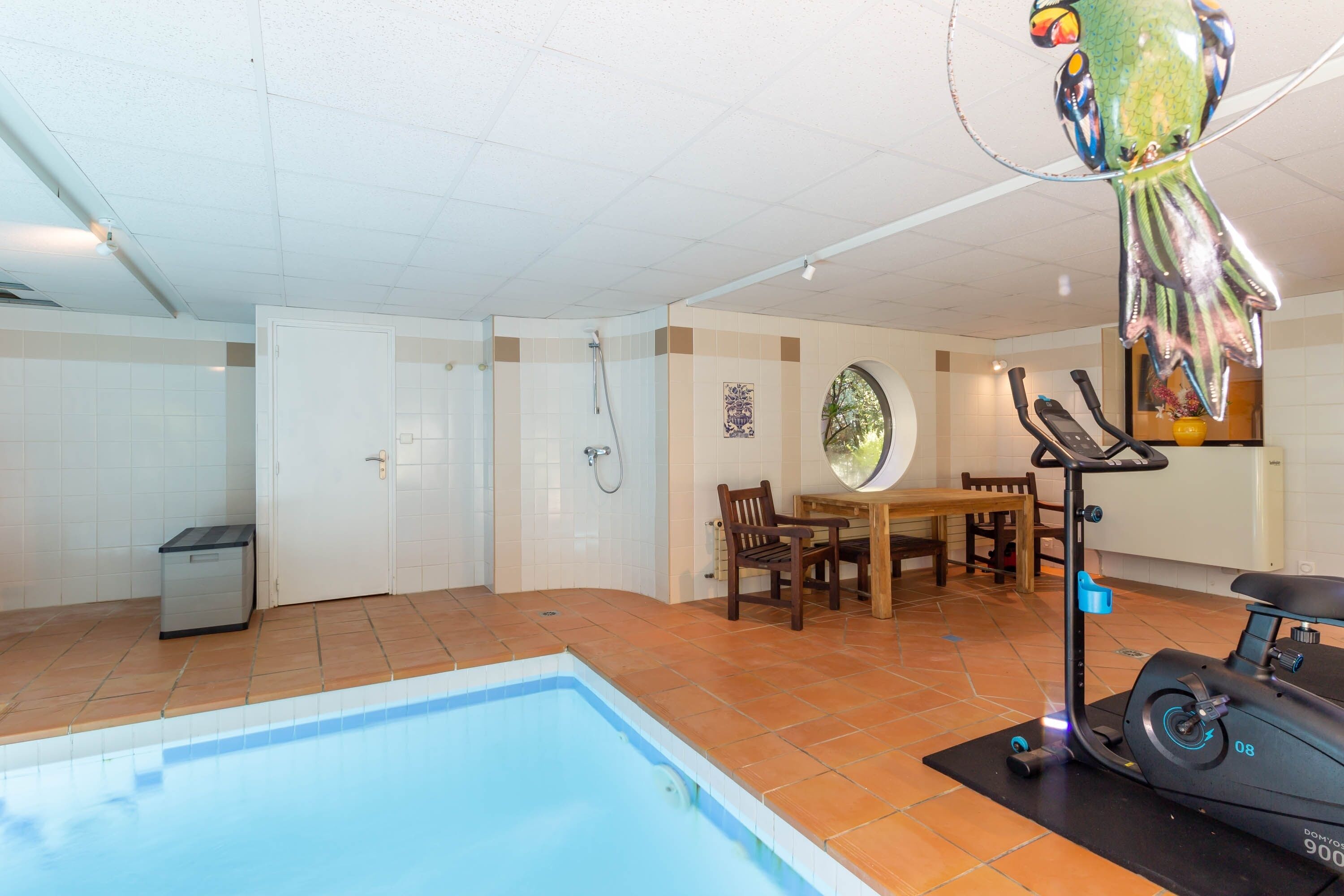 An indoor swimming pool, exercise equipment, and a dining area with a table and chairs.