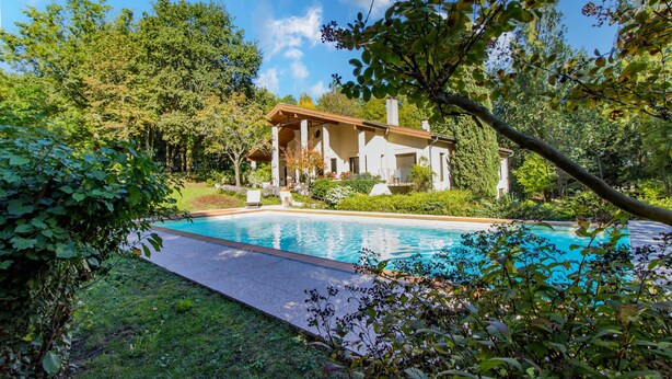 Ett hus med en swimmingpool, omgivet av frodig grönska.