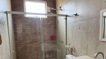 Shower, hair dryer, soap, shampoo