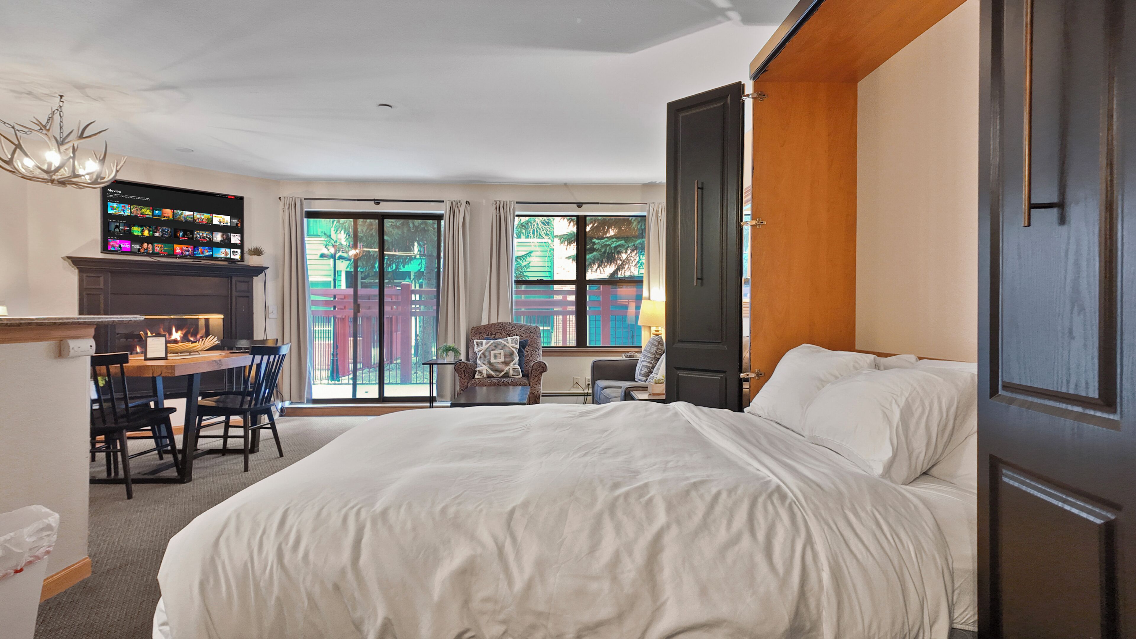 The queen Murphy bed folds down into the living area for a cozy night’s sleep.