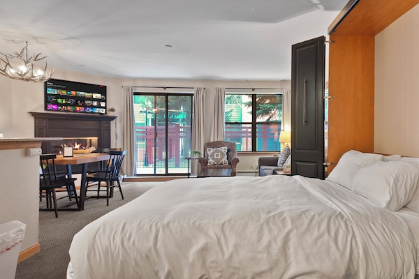 The queen Murphy bed folds down into the living area for a cozy night’s sleep.