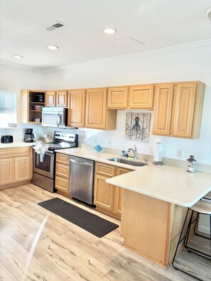 Fridge, microwave, oven, stovetop - Pearls & Tides Beach Condo + Pool + Beach Access + Sound view (Pensacola Beach)