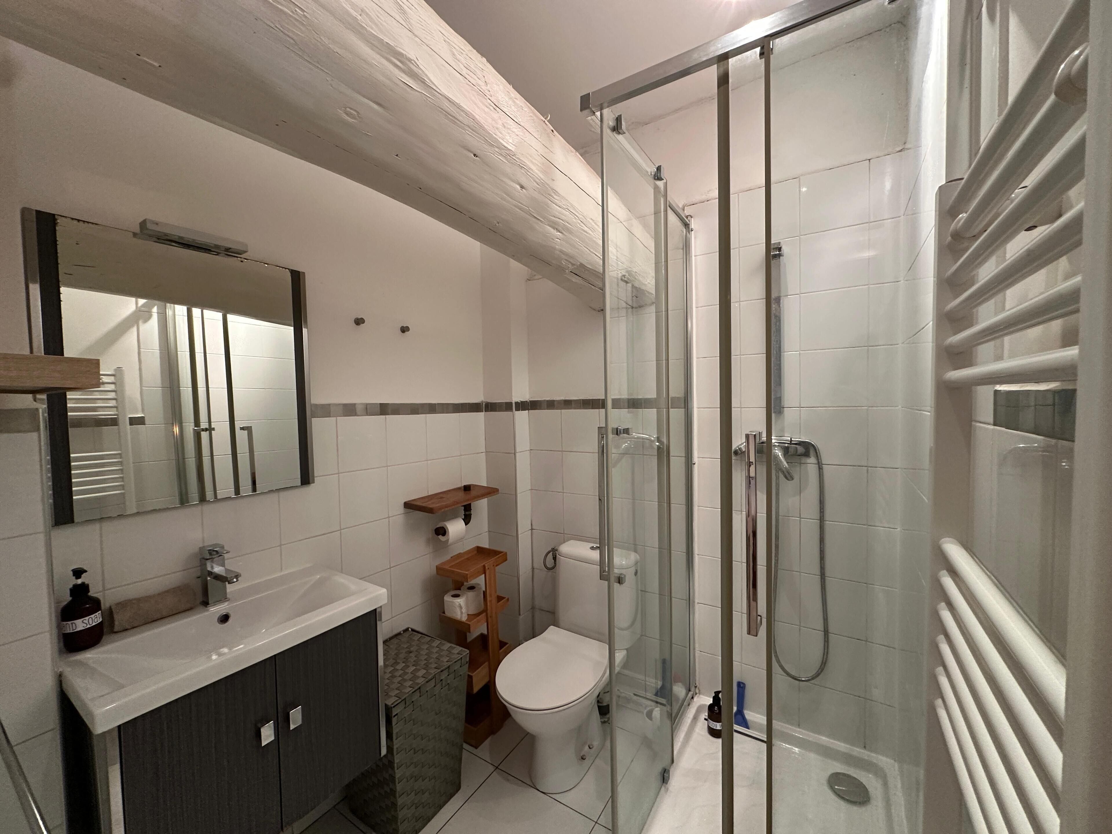 Douche, sèche-cheveux, serviettes fournies, papier toilette