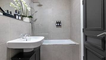 Hair dryer, towels, soap, toilet paper