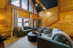 TV connectée, cheminée, livres, vidéothèque