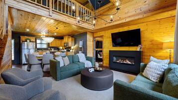 TV connectée, cheminée, livres, vidéothèque