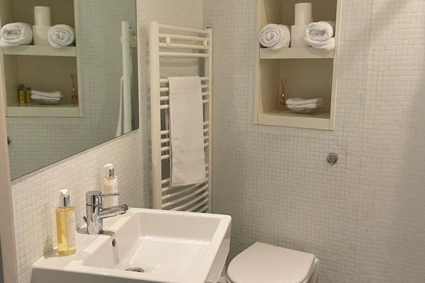 Hair dryer, towels, soap, toilet paper