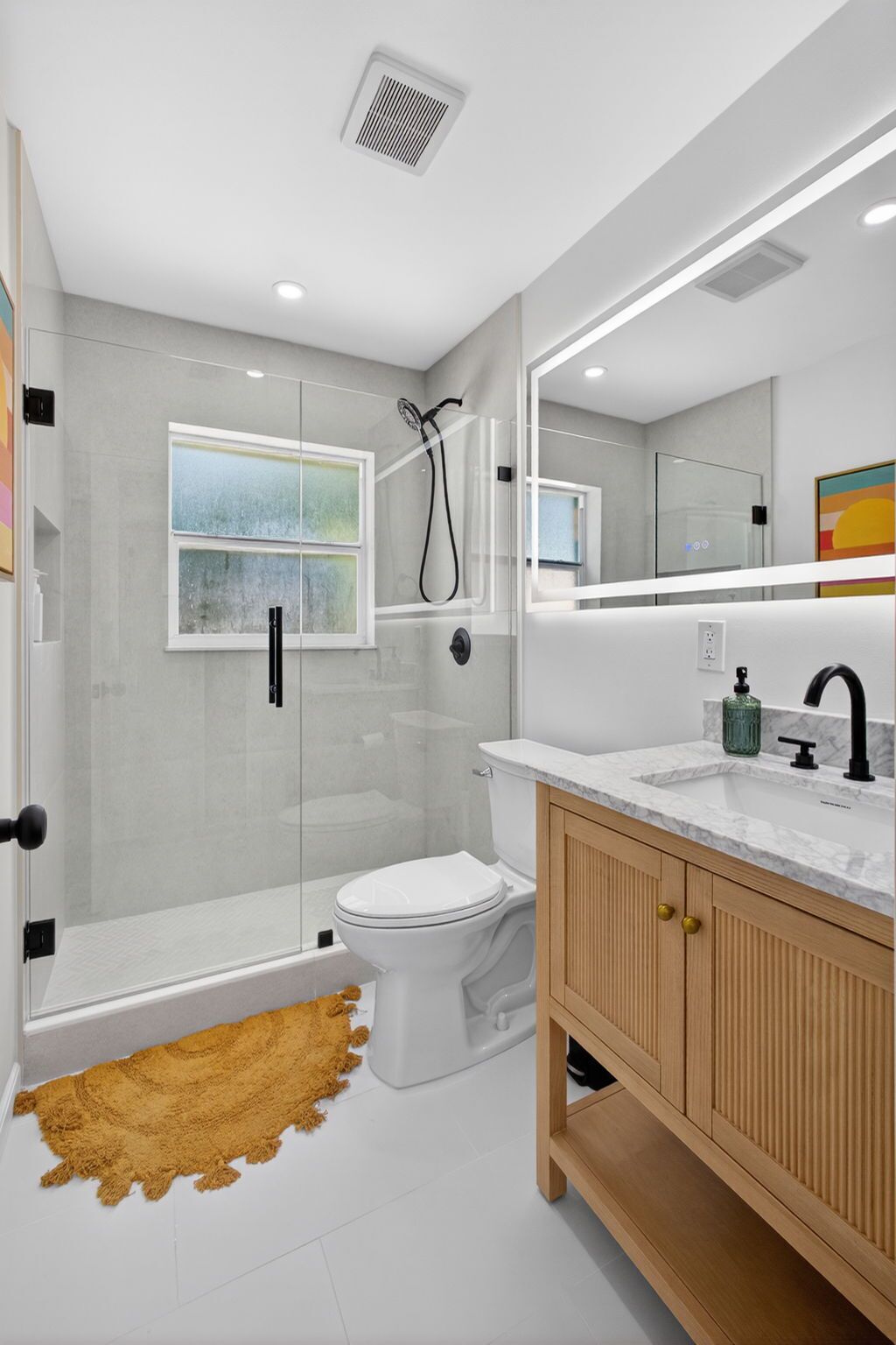 Hair dryer, towels, soap, shampoo