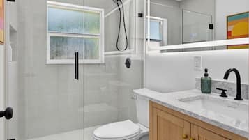 Hair dryer, towels, soap, shampoo