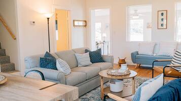 TV, fireplace, books