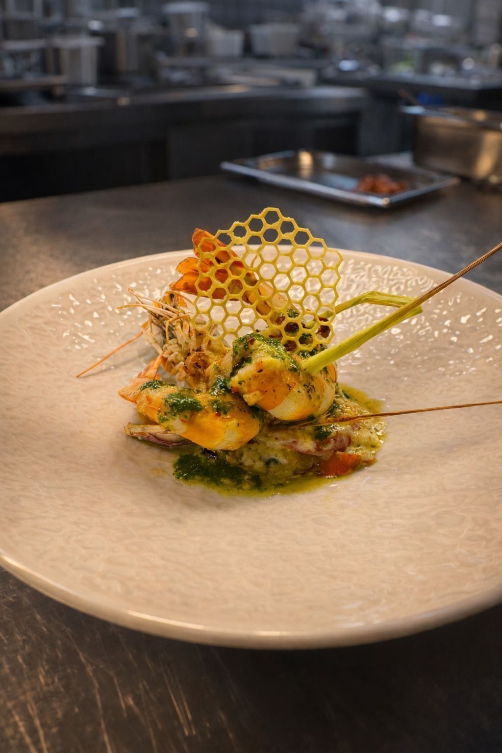 A plate of food with a decorative element on a table.