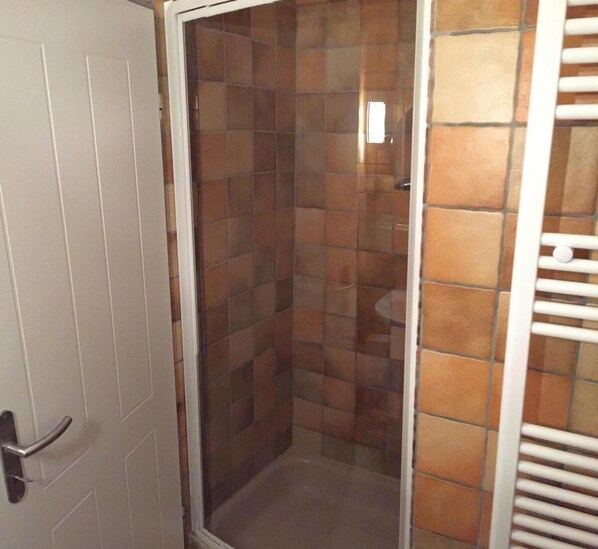 A bathroom with a tiled shower area and a white door.